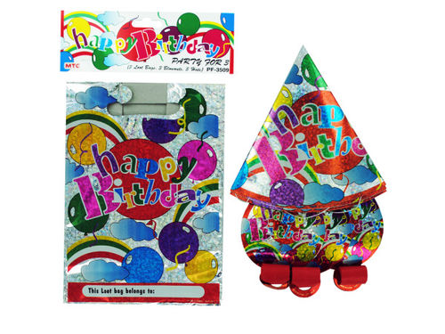 happy birthday party set (3 loot bags, 3 blowouts, 3 hats)