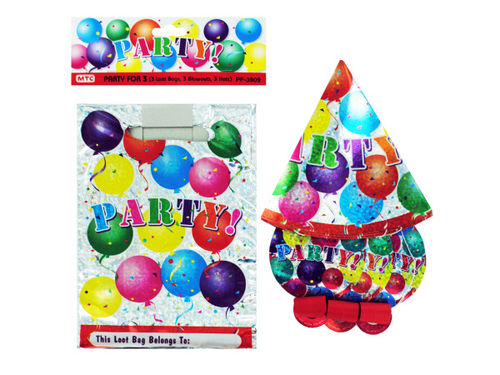 party set for 3 (3 loot bags, 3 blowouts, 3 hats)