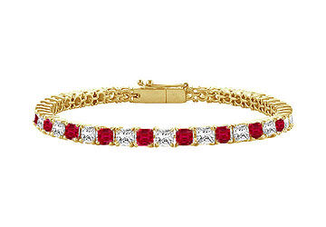 18K Yellow Gold  Princess Cut Ruby  Diamond Tennis Bracelet 4.00 CT TGW