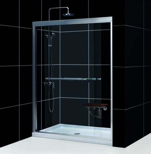 DreamLine Duet Frameless Bypass Sliding Shower Door and SlimLine 32"" by 60"" Single Threshold Shower Base Center Drain