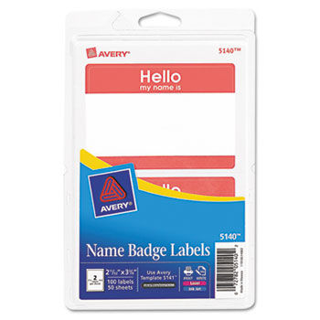 Printable Self-Adhesive Name Badges, 2-11/32 x 3-3/8, Red ""Hello"", 100/Pack