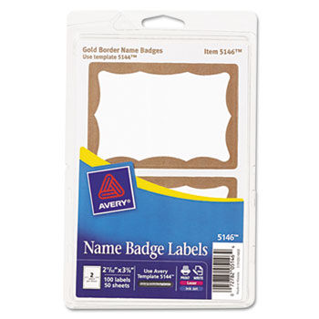 Printable Self-Adhesive Name Badges, 2-11/32 x 3-3/8, Gold Border, 100/Pack