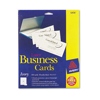 Two-Side Printable Business Cards, Laser, 2 x 3-1/2, Ivory, Uncoated, 250/Pack