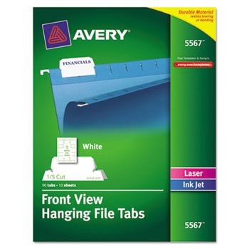 Print/Write-On Hanging Tabs, 1/5 Tab, 2 1/16 Inch, White, 90/Pack
