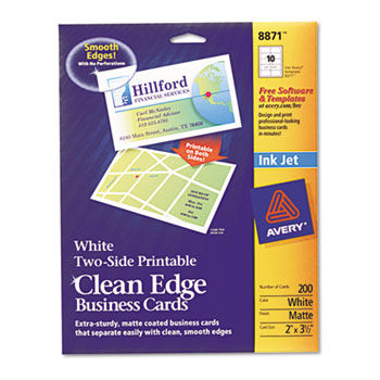 Two-Side Printable Clean Edge Business Cards, Inkjet, 2 x 3-1/2, White, 200/Pack