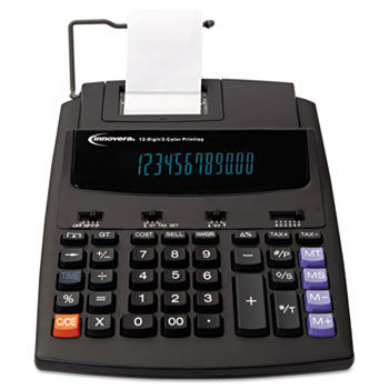 16000 Two-Color Roller Printing Calculator, 12-Digit Fluorescent, Black/Red