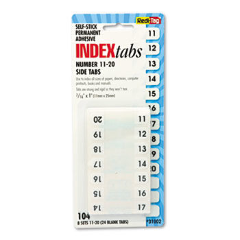 Side-Mount Self-Stick Plastic Index Tabs Nos 11-20, 1 inch, White, 104/Pack