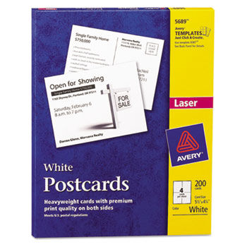 Postcards for Laser Printers, 4-1/4 x 5-1/2, White, 4/Sheet, 200/Box