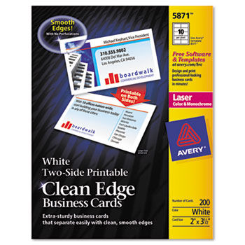 Two-Side Printable Clean Edge Business Cards, Laser, 2 x 3-1/2, White, 1000/Box