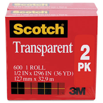 Transparent Tape Roll, 1/2"" x 1296"", Clear, 2/Pack