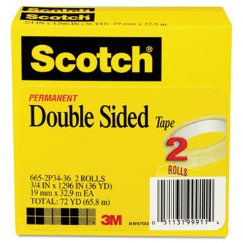 Double Sided Tape, 3/4"" x 1296"", 3"" Core, Transparent, 2/Pack