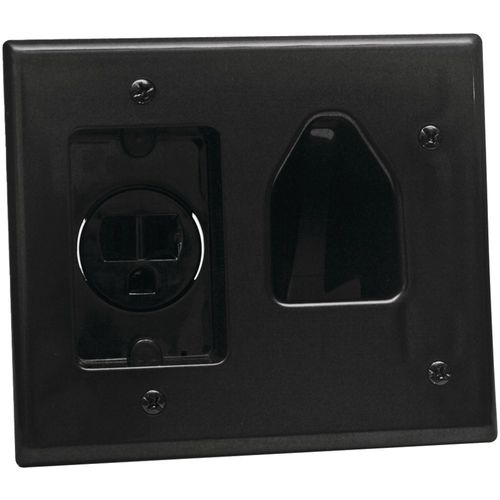DATACOMM ELECTRONICS 45-0021-BK 2-Gang Recessed Low-Voltage Cable Plate with Recessed Power (Black)