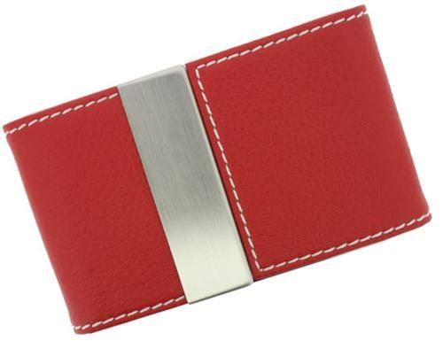 Freida Red Leather & Stainless Steel Business Card Case