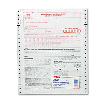 1096 IRS Approved Tax Forms, 8 x 11, 2-Part Carbon, 10 Contin Forms