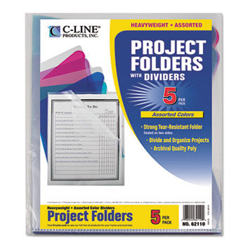 Project Folders with Dividers, Letter, 1/3 Tab, Clear/Colored, 5/PK