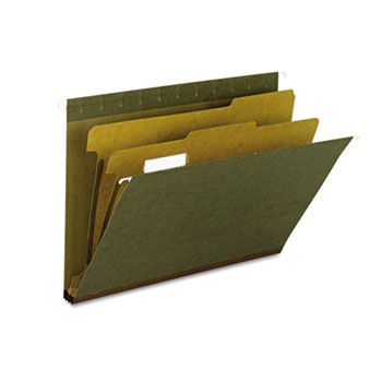 Hanging File Folder, 2 Dividers, Letter, 2"" Exp, 1/5 Tab, Standard Green, 10/BX