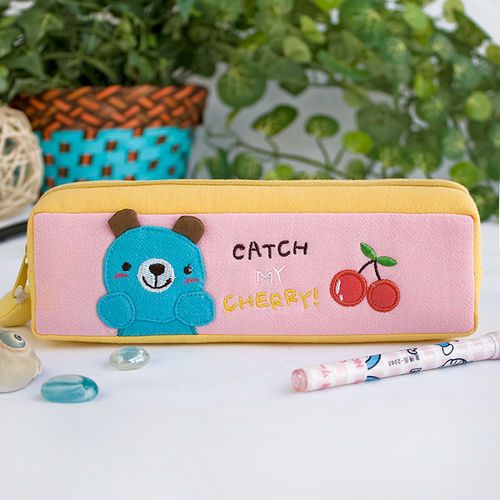 [Catch My Cherry] Embroidered Applique Pencil Pouch Bag / Cosmetic Bag / Carrying Case (7.5*2.2*1.6)