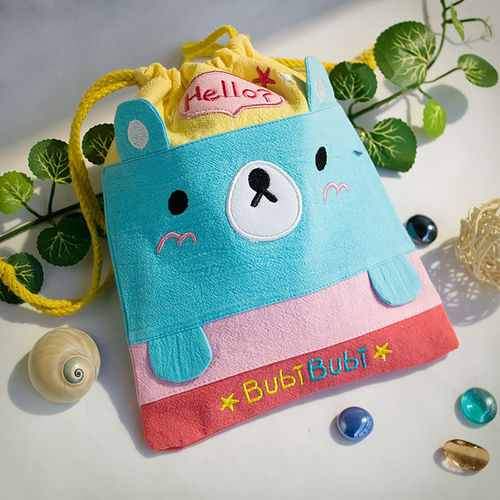 [Bubi Bear] Embroidered Applique Fabric Art Draw String Bag / Drawstring Pouch (6.7*8.5)