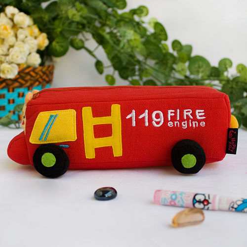 [Fire Engine] Embroidered Applique Pencil Pouch Bag / Cosmetic Bag / Carrying Case (7.7*2.8*2.4)