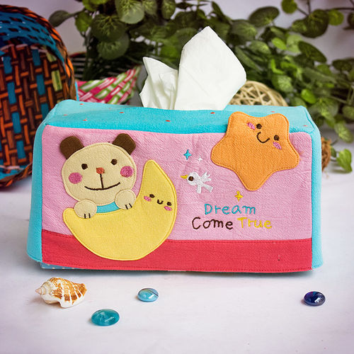 [Bear & Moon] Embroidered Applique Fabric Art Tissue Box Cover Holder (8.7*4.5*4.5)