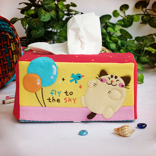 [Cat & Balloon] Embroidered Applique Fabric Art Tissue Box Cover Holder (8.7*4.5*4.5)