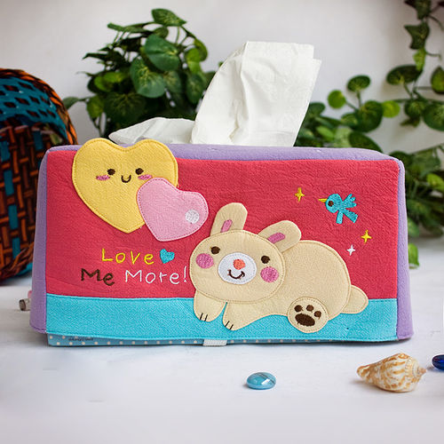 [Rabbit & Heart] Embroidered Applique Fabric Art Tissue Box Cover Holder (8.7*4.5*4.5)