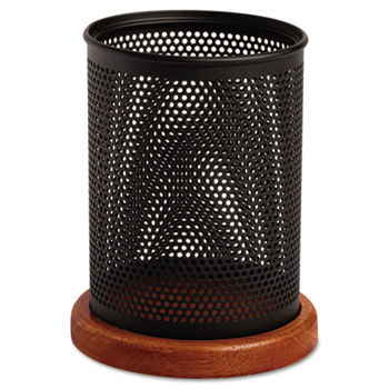 Distinctions Metal and Wood Pencil Cup, 3 1/2 dia. x 4 1/2, Black/Cherry