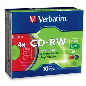 Disc CD-R/W 80 min branded 700MB 10pk Slimline 2X-4X Colors TAA