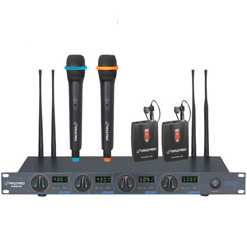 Pyle Rack Mount Professional 4 Mic Wireless UHF Microphone System With 2 Lavalier and 2 Handheld Microphone