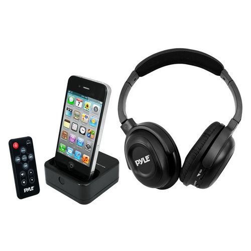 Pyle UHF Wireless Stereo Headphone with Wireless iPhone/iPod Dock Transmitter and RF Remote Control