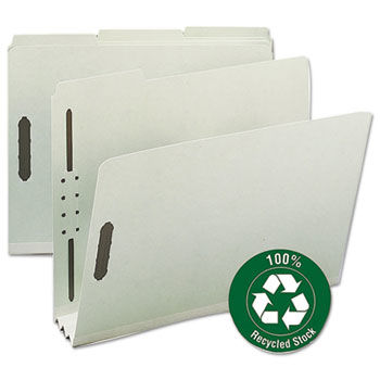 Recycled Pressboard Fastener Folders, Letter, 3"" Exp., Gray-Green, 25/Box