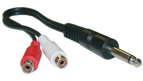 Cable Wholesale Mono to RCA adapter 1/4 Mono Male / 2 RCA Female 6in Y-cable