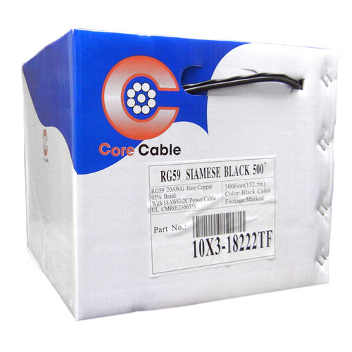 Cable Wholesale RG59 Siamese Solid Coaxial Cable + 18/2 (18AWG 2C) Power Black 500 ft Pullbox