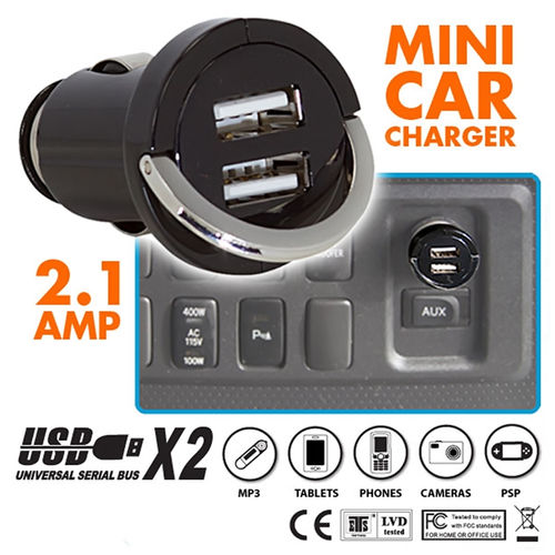 Tiny 2 Port USB Car Charger, Black, 2.1 Amp Output Powers Tablets, Cellphones, MP3 Players and More