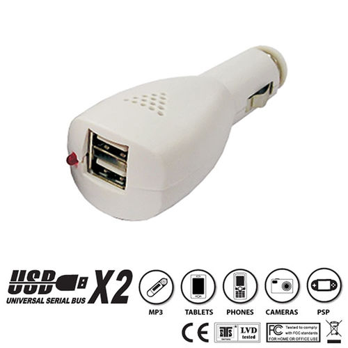 2 Port USB Car Charger, White, 2.1 Amp Output Powers Tablets, Cellphones, MP3 Players and More