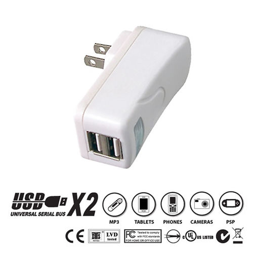 2 Port USB Wall Charger, White, 2.1 Amps for Powering Smart Phones, Tablets, and Other USB Powered devices