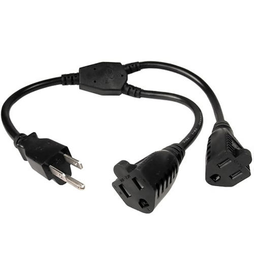 Power Y Cord, Black, NEMA 5-15P to Dual NEMA 5-15R, 10 Amp, UL / CSA rated, 1 foot