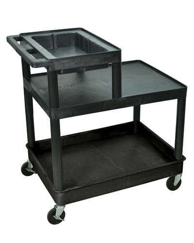 Offex Rolling 3 Tub / Flat Shelf Plastic Service Utility Cart With Casters - Black