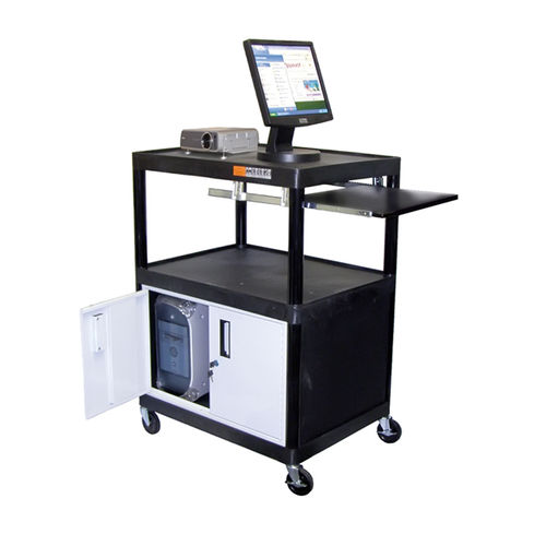 Offex Mobile Stand Up Heavy Duty Presentation AV Cart With Lockable Storage Cabinet, Shelf And Casters - Black
