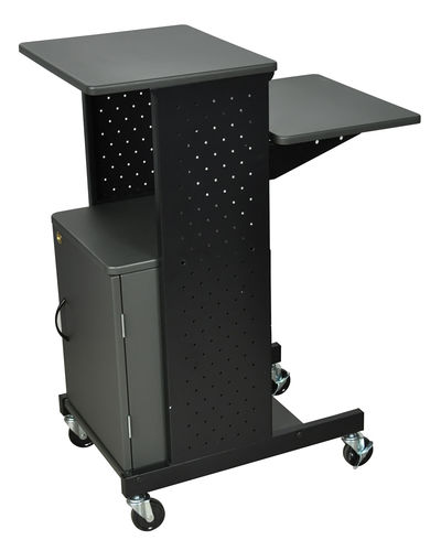 Offex Mobile Presentation Workstation With Lockable Storage Cabinet, Shelf, Casters - Gray