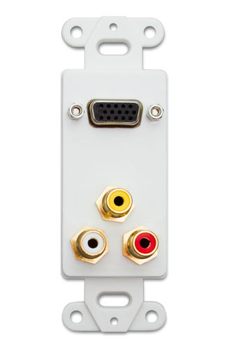 Decora Wall Plate Insert, White, 1 VGA Coupler and 3 RCA Couplers (Red / White / Yellow), HD15 Female and RCA Female