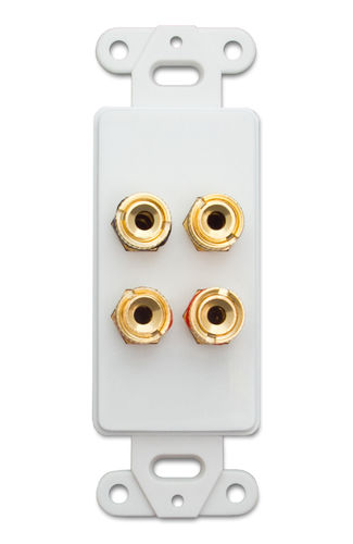 Decora Wall Plate Insert, White, 4 Banana Plug Binding Posts For 2 Speakers