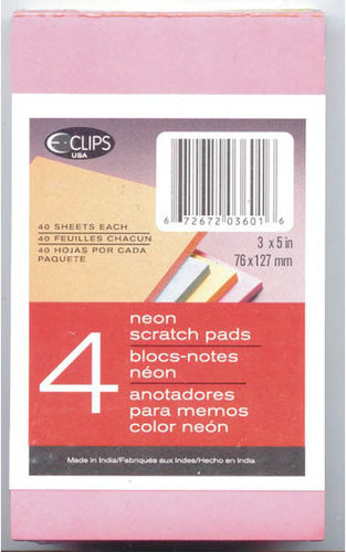 Neon Scratch Pads - 3"" x 5"" - 4 pack - 40 sheets/pad Case Pack 48