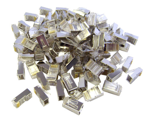 Shielded Cat 6 RJ45 Crimp Connectors for Solid and Stranded Cable, STP, 8P8C, 100 Pieces