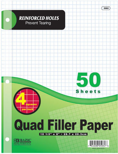 BAZIC 50 Ct Quad-Ruled Reinforced Filler Paper- BOGO SPECIAL Case Pack 24