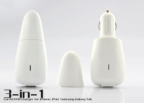 3-in-1 Car/AC/USB Mini Charger for iPhone, iPad, Samsung Galaxy Tab
