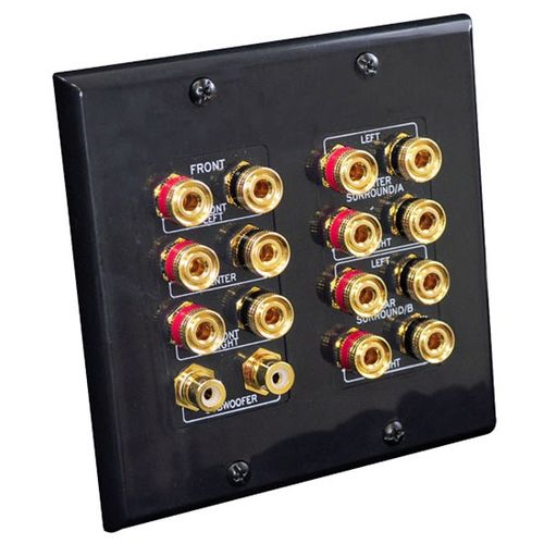 7.1 Home Theater Fourteen Post Binding/Banana Plug with Dual RCA Subwoofer Posts Wall Plate Black (14 Posts/Polarity for