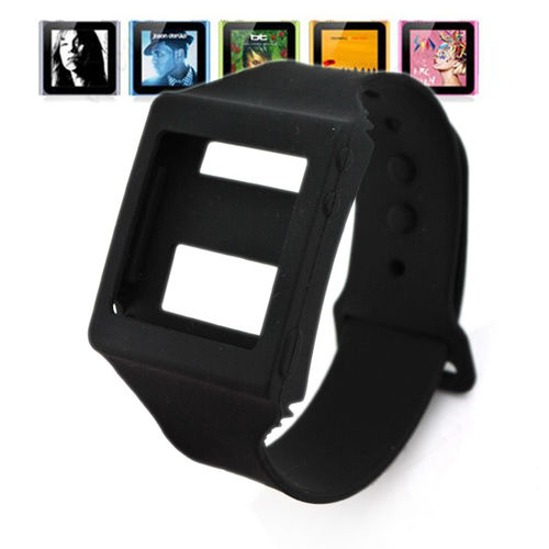 Sports Design Watch Face Silicone Wrist Strap Band Soft Skin Case Cover for iPod Nano 6th - Black