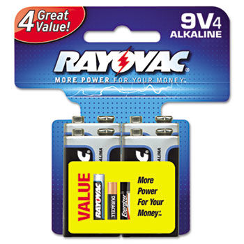Alkaline Batteries, 9V, 4/Pack