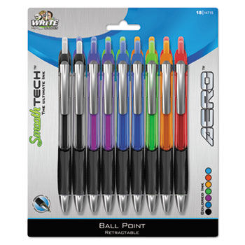 Aero Smooth Tech Ballpoint Pens, 0.7mm, Assorted, 18/Set